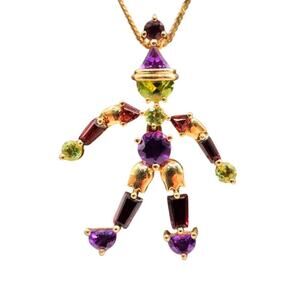 Whimsical 14k Yellow Gold Jester Natural Gemstones Pendant Necklace 16"